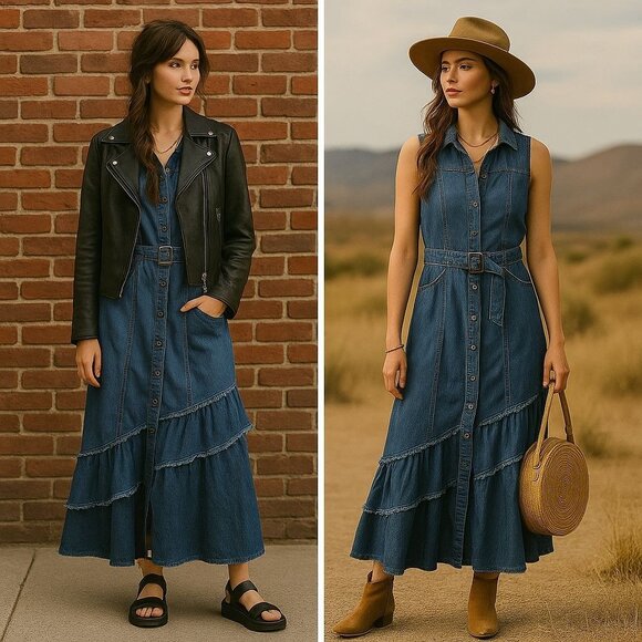Free People Women Beau Ruffle Midi Western Dress Blue M Cowgirl Boho Cottagecore - Picture 2 of 14